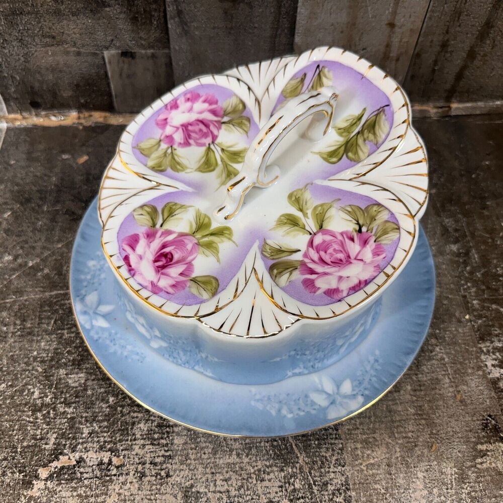 VTG‎ Limoges China Two-Piece Covered Cheese Keeper/Butter Dome Blue Floral